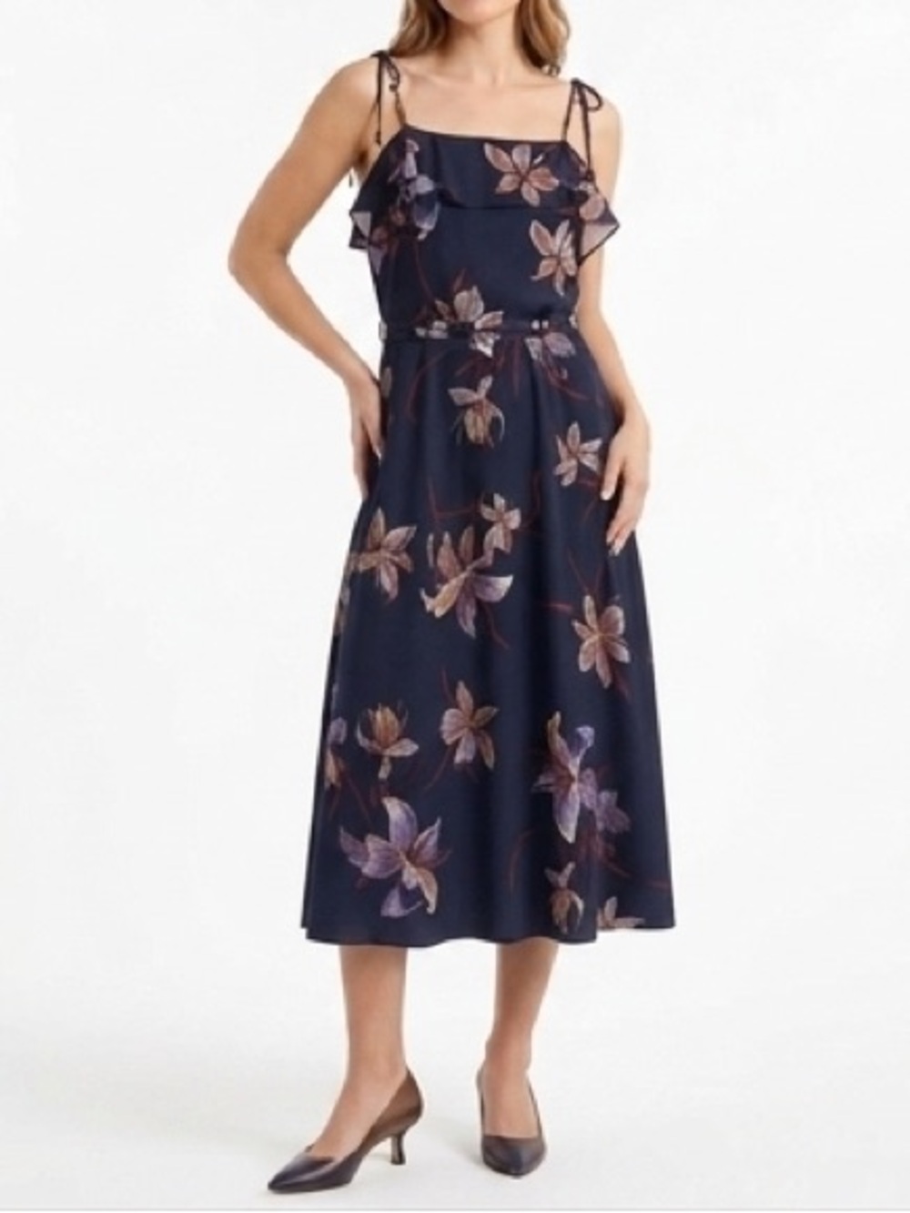 Vintage 1970s Montgomery Ward Navy Floral Dress Adjustable Tie Straps Romantic M